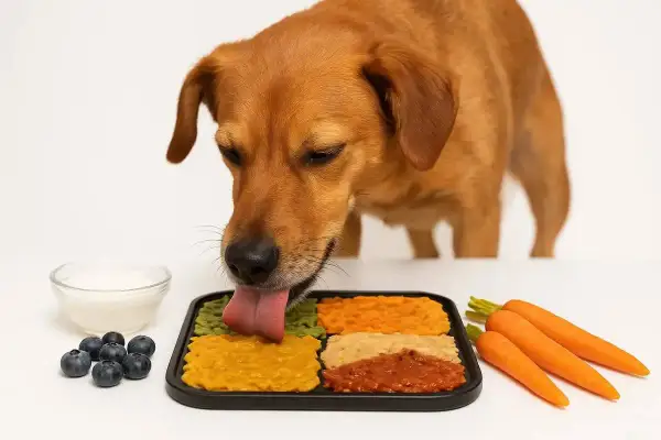 Brauner Hund schleckt von einer Schleckmatte mit verschiedenen Pürees. Daneben Blaubeeren, Joghurt und Karotten. Perfekt zum Einfrieren!